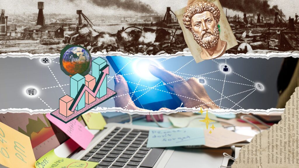 crisis fatigue visual collage of communication tech, war photography, and other symbols (economic, philosophical)