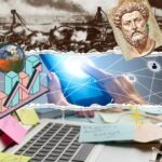 crisis fatigue visual collage of communication tech, war photography, and other symbols (economic, philosophical)