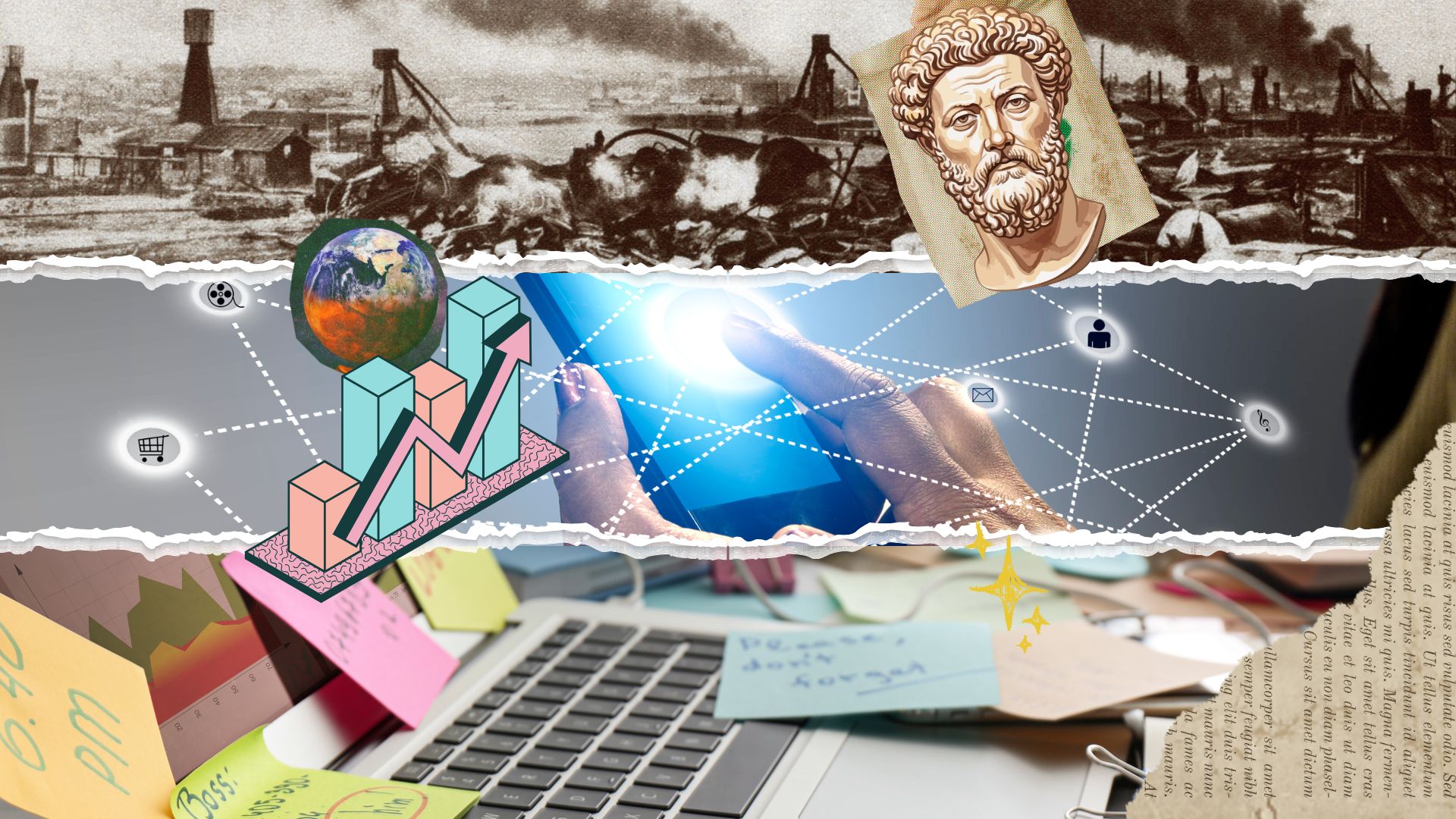 crisis fatigue visual collage of communication tech, war photography, and other symbols (economic, philosophical)