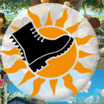 Solarpunk Revolution, What is Solarpunk? Boot and Sun symbol to represent to movement overlayed on existing solarpunk illustration and real community example.